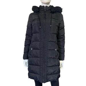 Sam Edelman XS Long Puffer‎ Coat Hooded Faux Fur Black Winter Parka Quilted Warm